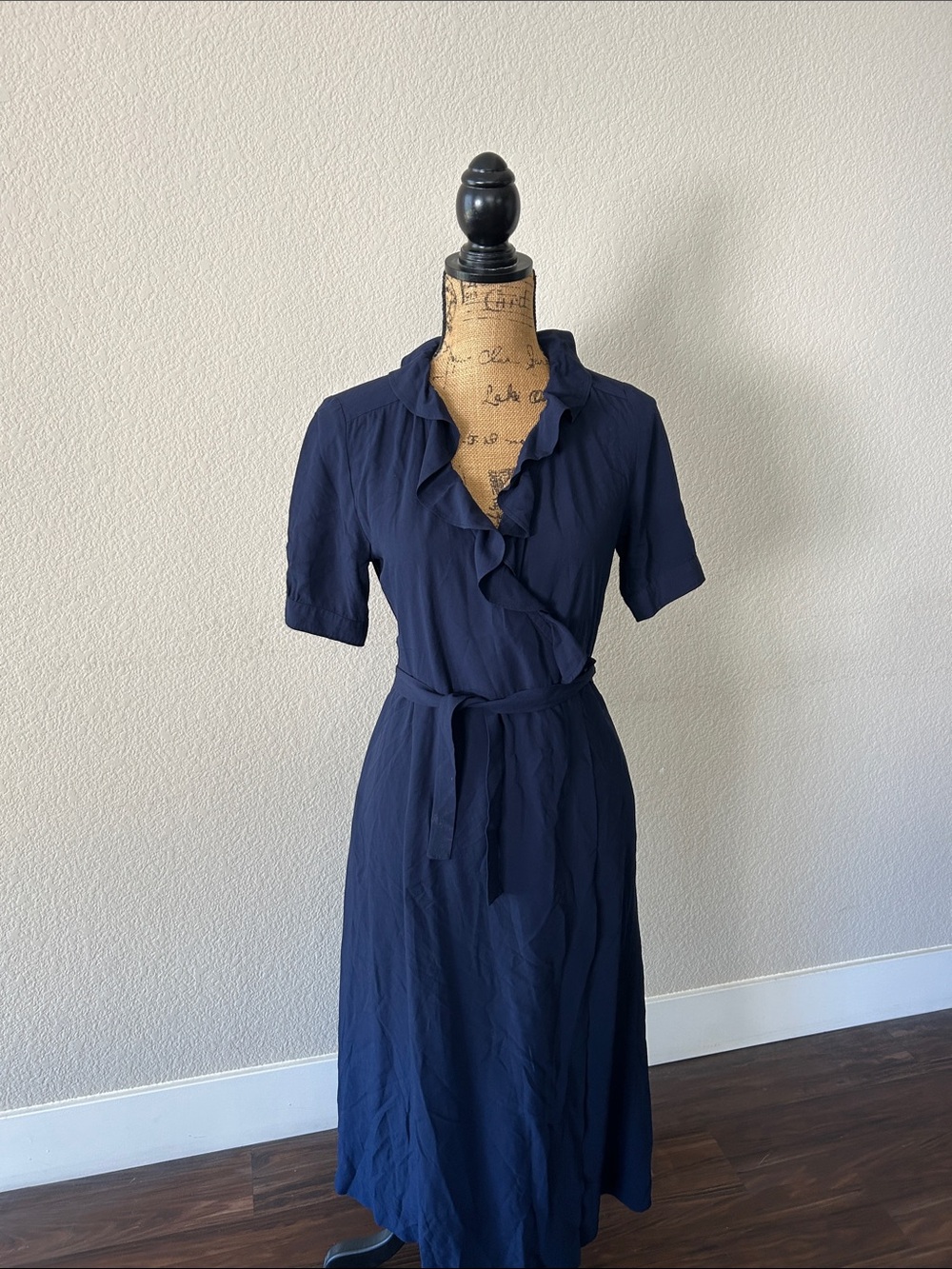 Ruffle-Trim Navy Wrap Midi Dress with Self-Tie Waist